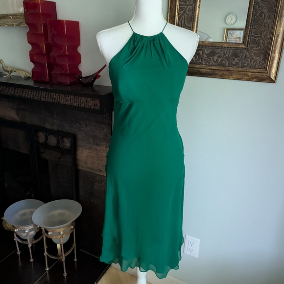 Y2K Sangria Dress Women's 4 Green 100% Silk Halter Midi Dress Ruffle - Picture 1 of 9